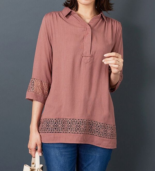 BELLUNA（ベルーナ）の「袖＆裾レースデザインシャツチュニック（チュニック）」｜詳細画像