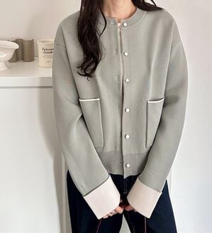 GeeRA（ジーラ）の「配色カラーニットカーディガン（ニットカーディガン）」｜グレー&times;ピンク