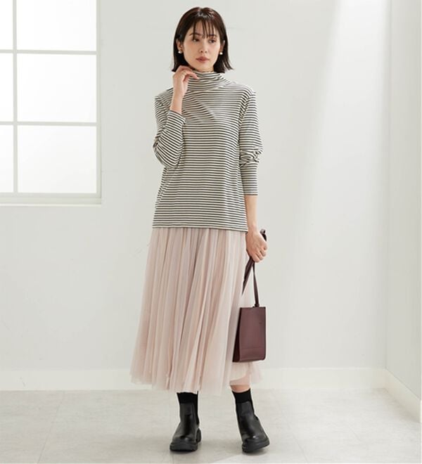 BELLUNA（ベルーナ）の「なめらか素材ハイネックボーダープルオーバー（カットソー）」｜詳細画像