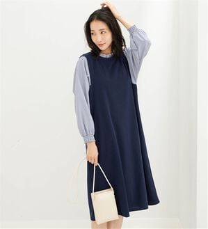 BELLUNA（ベルーナ）の「フリル衿異素材切替ワンピース（その他ワンピース）」｜ネイビー系