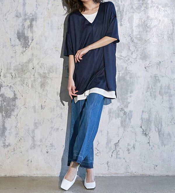 RANAN（ラナン）の「レイヤード風ニットソー半袖チュニック（チュニック）」｜詳細画像