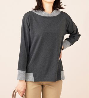 BELLUNA（ベルーナ）の「ワイドネックデザイン配色切替プルオーバー（カットソー）」｜杢グレー系