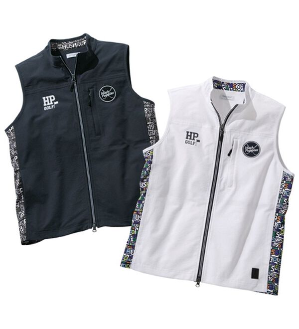 「＜ハッシュパピー・ゴルフ＞異素材切替ストレッチ総柄ベスト（メンズベスト）」｜詳細画像