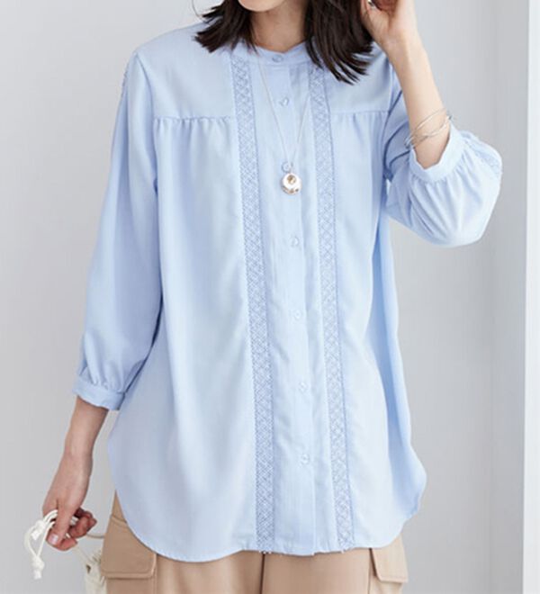 BELLUNA（ベルーナ）の「ビンテージ素材レース使いシャツチュニック（チュニック）」｜サックス