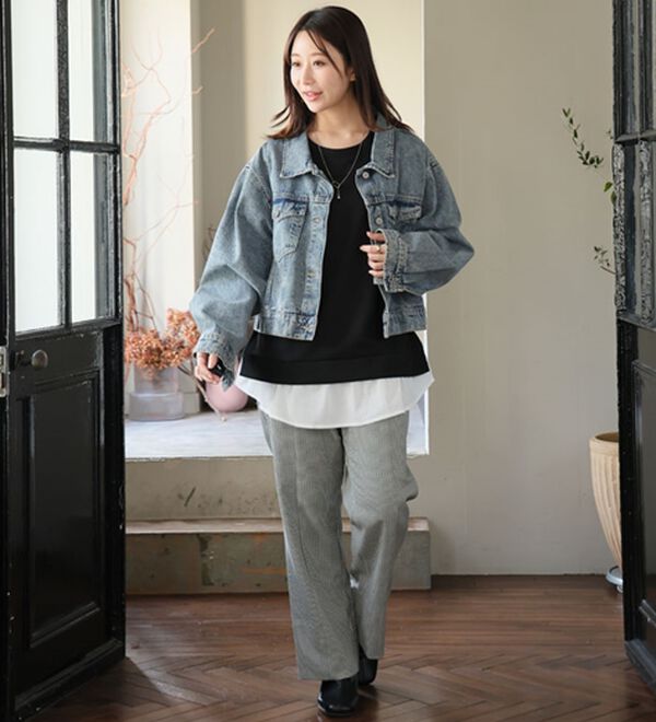 A HAPPY MARILYN（アハッピーマリリン）の「【Ｌ～６Ｌ】華奢魅せ&times;お洒落さっと着てパッと可愛い１枚で完成ドッキングトップス（カットソー）」｜詳細画像