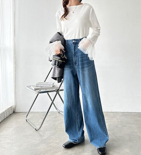 ライトブルーデニムパンツ ハイウエスト ストレートレッグ デニム レディース ボトム リサイクルデニム ストレートパンツ ハイ