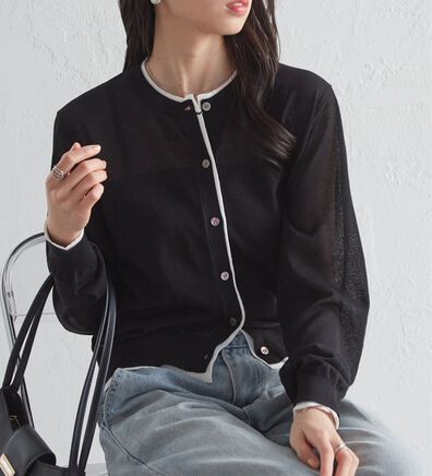 RANAN（ラナン）の「レイヤード風バイカラーシアーカーデ（ニットカーディガン）」