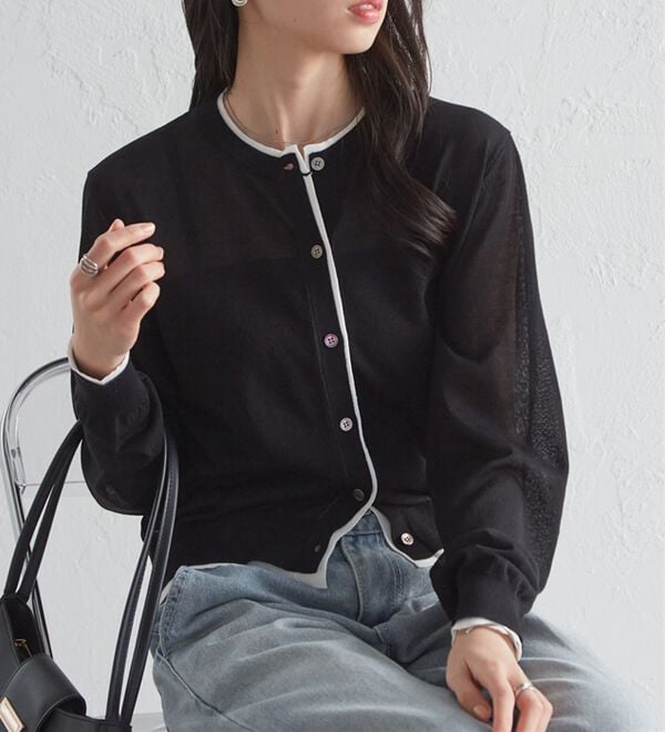 RANAN（ラナン）の「レイヤード風バイカラーシアーカーデ（ニットカーディガン）」｜詳細画像