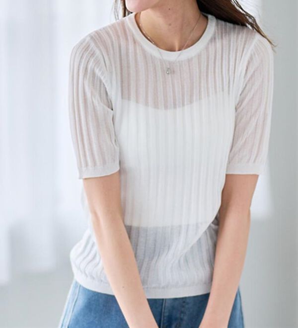 RANAN（ラナン）の「5分袖シアーラメリブニット（ニット・セーター）」｜詳細画像