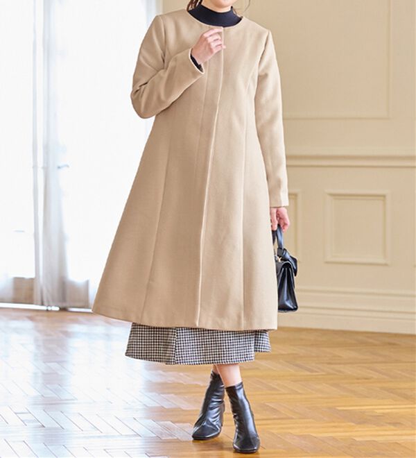 alotta（アロッタ）の「美人シルエットファー付ノーカラーコート【美人百花掲載】（ロングコート）」｜詳細画像