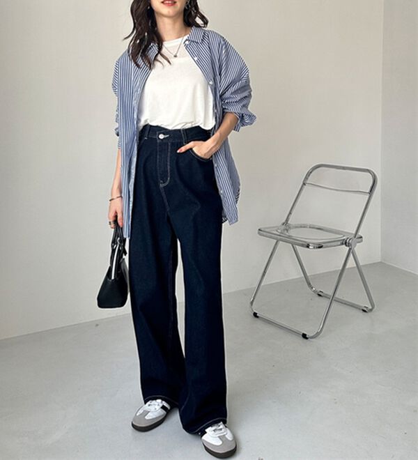 美脚見え！2ボタンウエストワイドデニムパンツ - ベルーナ【公式】