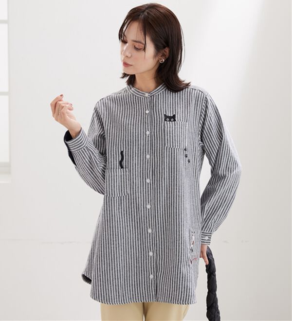 BELLUNA（ベルーナ）の「【あったか】裏フリース素材ネコ刺しゅうシャツチュニック（チュニック）」｜詳細画像