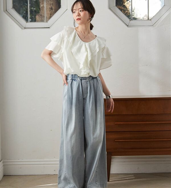 RANAN（ラナン）の「ビッグカラーフリルハーフスリーブブラウス（シャツ）」｜詳細画像