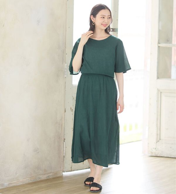 A HAPPY MARILYN（アハッピーマリリン）の「風通る 綿 楊柳 フレア袖 ウエストゴム ワンピース（カットソーワンピース）」｜詳細画像