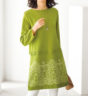 BELLUNA（ベルーナ）の「レース柄ジャカード切替ニットチュニック（チュニック）」｜詳細画像