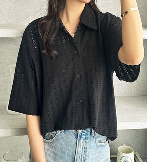 GeeRA（ジーラ）の「透かし編カットソーポロ衿シャツ（シャツ）」｜ブラック