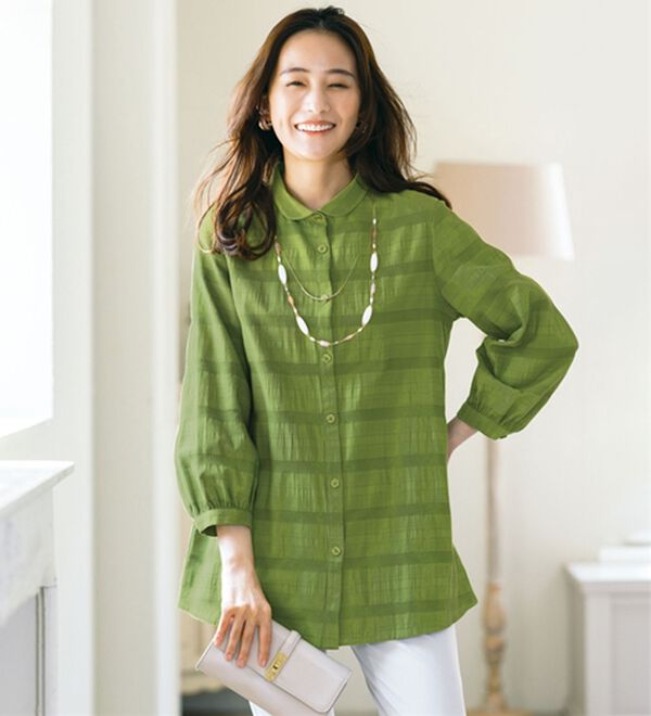 ルフラン（ルフラン）の「ドビー織ミニ衿ブラウス（ブラウス）」｜グリーン