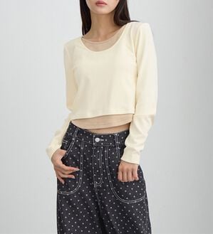 CHAN ME（チャンミ）の「レイヤード風ラウンドネック長袖トップス（カットソー）」｜アイボリー