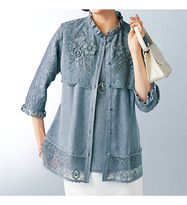 BELLUNA（ベルーナ）の「クリンプレース切替モチーフ使いアンサンブル（ノーカラージャケット）」｜詳細画像