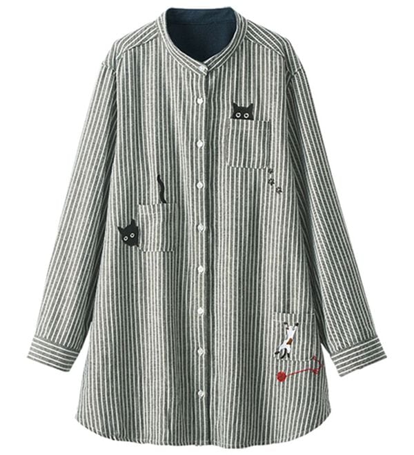 BELLUNA（ベルーナ）の「裏フリース素材ネコ刺しゅうシャツチュニック（チュニック）」｜詳細画像