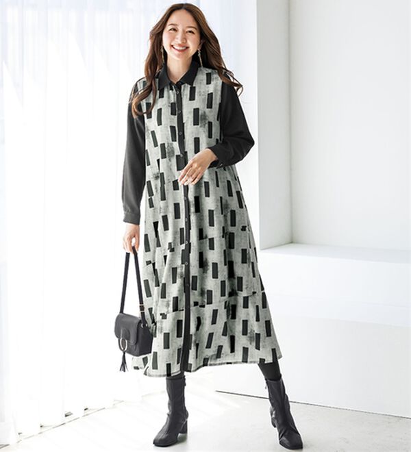 BELLUNA（ベルーナ）の「ふんわり体型カバー幾何柄プリントワンピース（その他ワンピース）」｜モノトーン