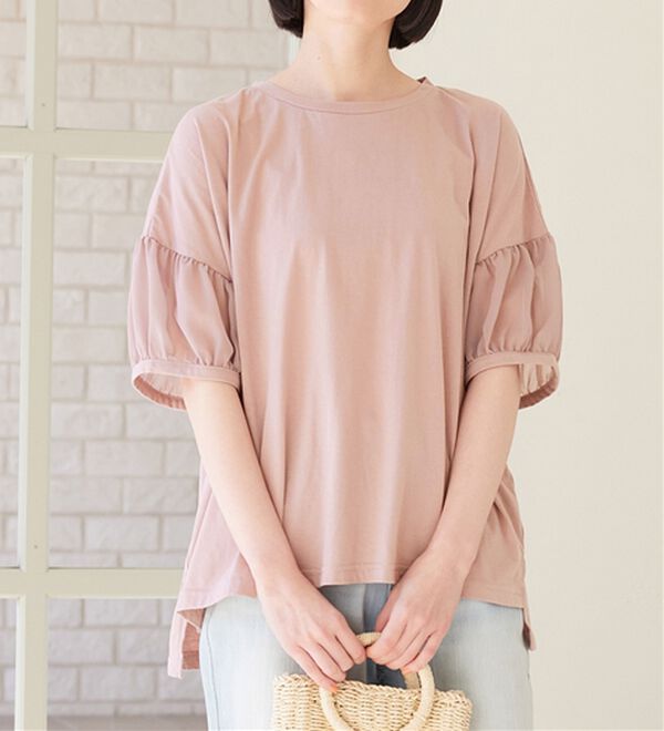 Viola e Viola（ヴィオラ エ ヴィオラ）の「【５つの機能付】ボリューム袖シフォン切替Ｔシャツ（Tシャツ）」｜ピンク