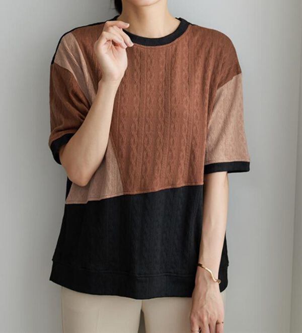 BELLUNA（ベルーナ）の「ミニケーブル柄パッチワーク風プルオーバー（カットソー）」｜詳細画像