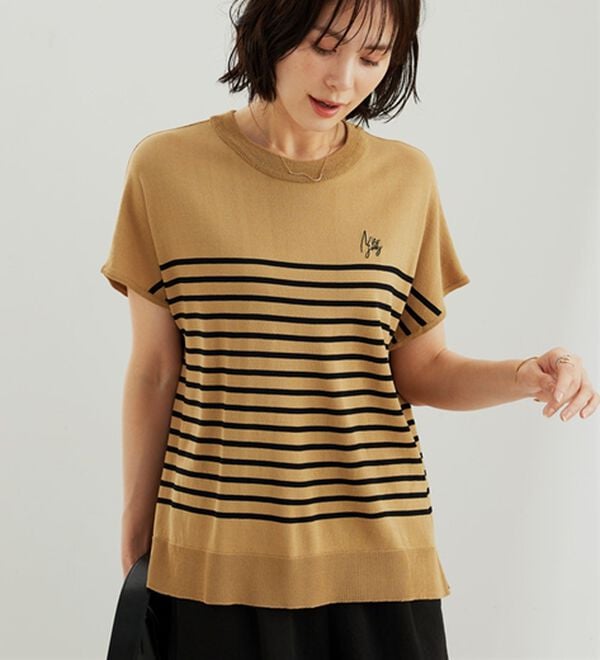 BELLUNA（ベルーナ）の「【快適Ｌａｂ．】シャリ冷！洗える多機能フレンチ袖ニットＴシャツ（ニット・セーター）」｜詳細画像