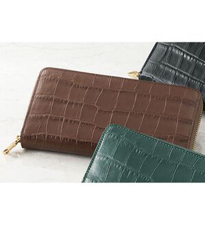 「牛革クロコ型押しラウンド長財布（メンズ財布・パスケース）」｜ブラウン