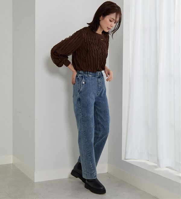 BELLUNA（ベルーナ）の「【選べる2丈】裾切替デザインワイドストレートデニム（ワイドパンツ・ガウチョ）」｜詳細画像