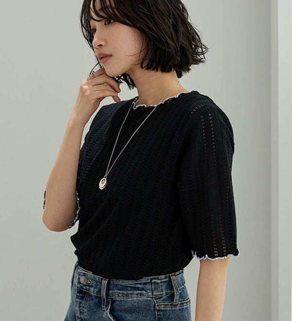 BELLUNA（ベルーナ）の「透かし編レース配色メロープルオーバー（カットソー）」｜詳細画像