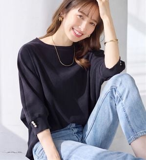 alotta（アロッタ）の「【接触冷感】袖口パールゆるドルマンリブトップス（カットソー）」｜ネイビー
