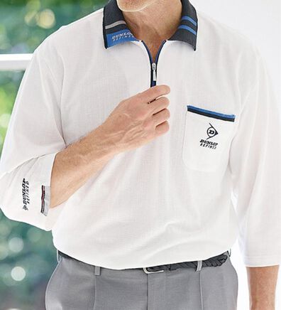 「＜ダンロップ・リファインド＞衿ジャカード７分袖ジップポロ（メンズポロシャツ）」