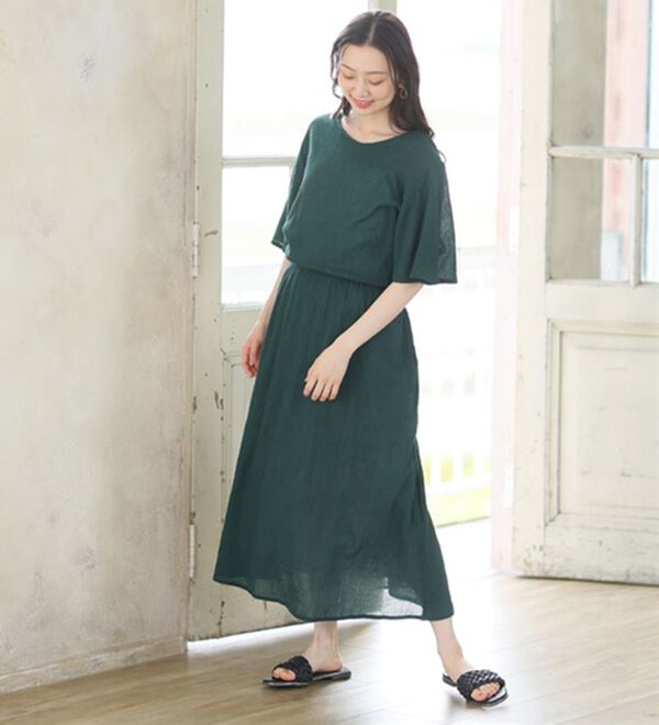 A HAPPY MARILYN（アハッピーマリリン）の「風通る 綿 楊柳 フレア袖 ウエストゴム ワンピース（カットソーワンピース）」｜詳細画像