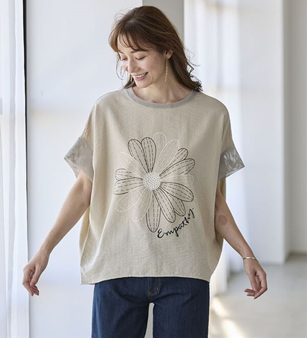 BELLUNA（ベルーナ）の「夏の主役！花柄プリントメッシュ使いブラウス（ブラウス）」｜詳細画像