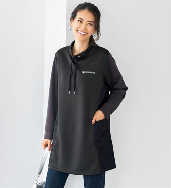 BELLUNA（ベルーナ）の「異素材切替配色チュニックワンピース（カットソーワンピース）」｜チャコール系