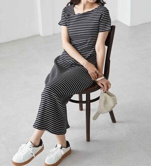 RANAN（ラナン）の「アシメネックハーフスリーブリブワンピース（その他ワンピース）」｜ブラックボーダー