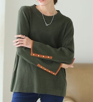 A HAPPY MARILYN（アハッピーマリリン）の「【Ｌ～８Ｌ】フィットしすぎない！もっちりリブ 配色美人着回し 袖ボタンニット（ニット・セーター）」｜カーキ×オレンジ