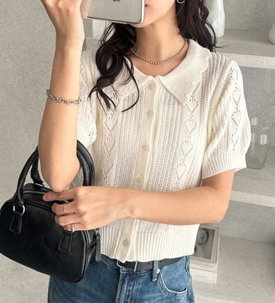 GeeRA（ジーラ）の「透かし編みポロ衿ニット（ニット・セーター）」