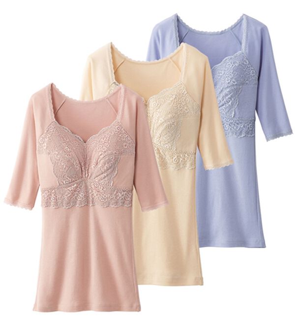 「【３色組】新・毎日活躍！綿のカップ付インナー（ブラトップ・カップ付きインナー）」｜5分袖