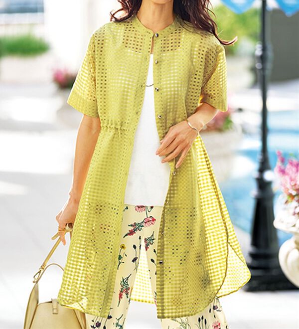 BELLUNA（ベルーナ）の「シアーチェック大人顔ロング丈シャツ（シャツワンピース）」｜ライムイエロー