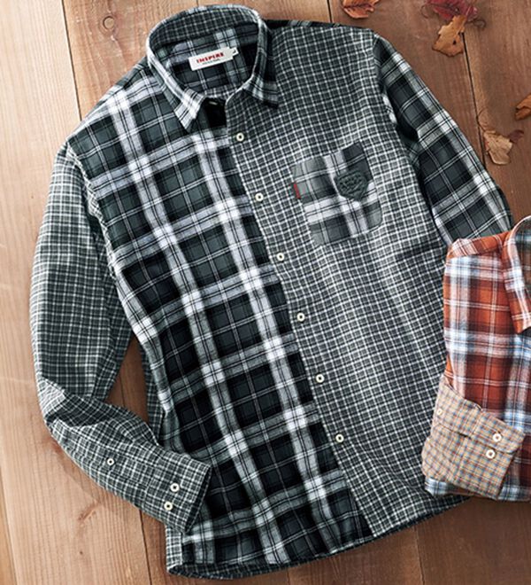 「＜インスパイア＞パッチワークデザインシャツ（メンズシャツ）」｜グレー