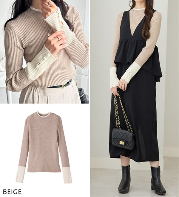 GeeRA（ジーラ）の「配色デザインくるみボタン付リブニット（ニット・セーター）」｜詳細画像