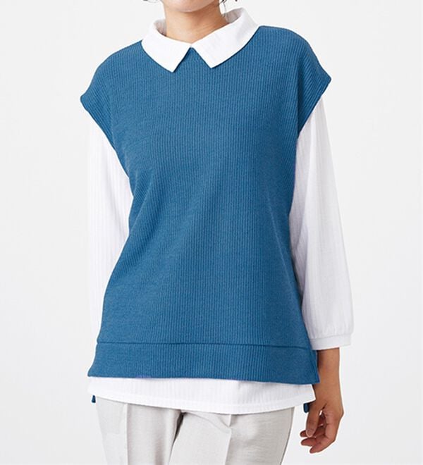 BELLUNA（ベルーナ）の「【新色追加】&ldquo;2点セット&rdquo;あぜ素材ベストアンサンブル（アンサンブル）」｜ダークブルー