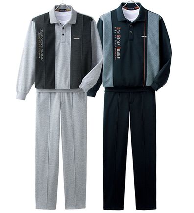 「【２着組】異素材切替ポロ衿ホームスーツ（メンズルームウェア）」