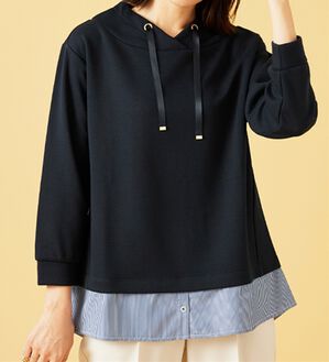 BELLUNA（ベルーナ）の「ワイドネックデザインシャツ切替チュニック（チュニック）」｜ネイビー／ストライプ