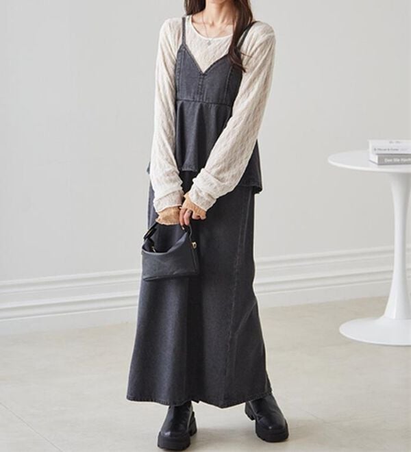 RANAN（ラナン）の「デニムペプラムキャミワンピース（ロングワンピース）」｜詳細画像