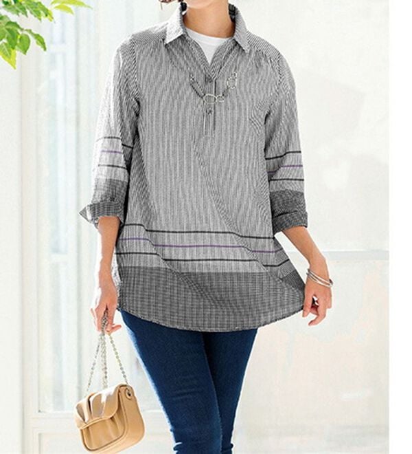 ルフラン（ルフラン）の「ストライプ×ギンガムの爽やかブラウス＜ロイル＞（シャツ）」｜詳細画像