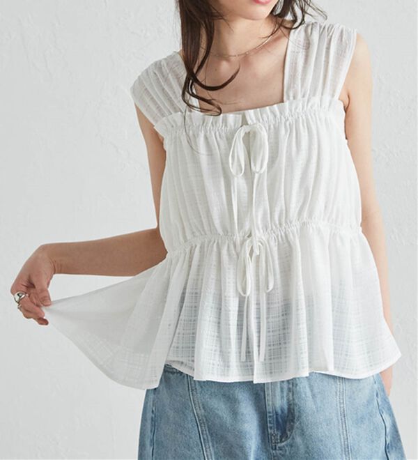 RANAN（ラナン）の「フロントリボンギャザーノースリブラウス（ブラウス）」｜オフホワイト