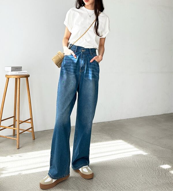 GeeRA（ジーラ）の「美脚見え！２ボタンウエストワイドデニムパンツ（フルレングスパンツ）」｜詳細画像